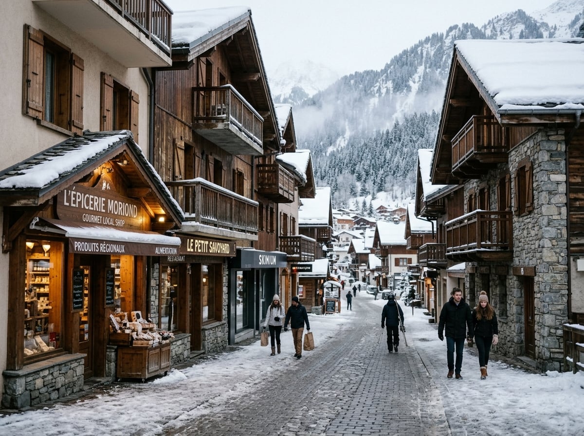 A quiet street in Courchevel 1550 with traditional Alpine buildings.