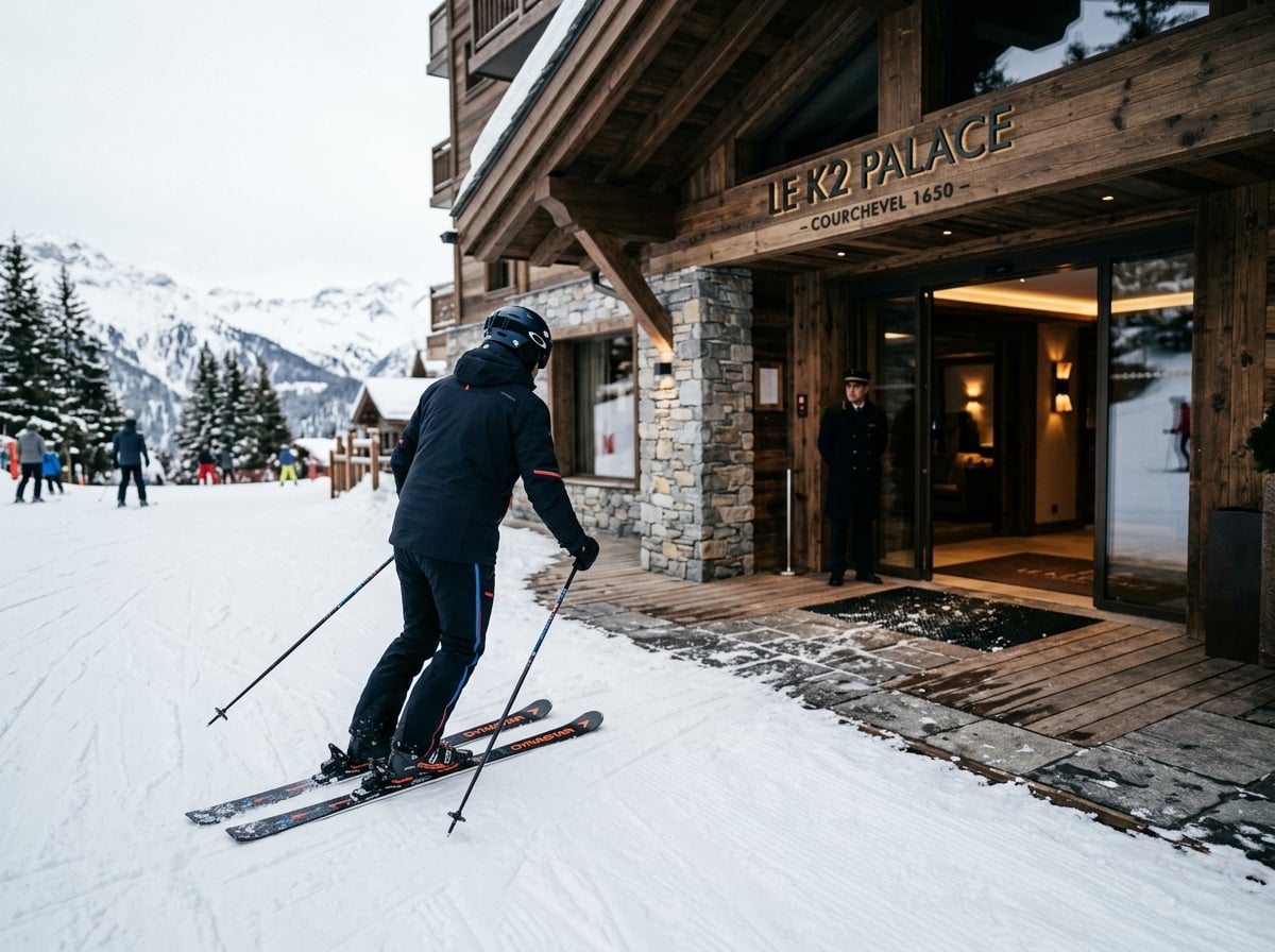 A person skiing directly up to a hotel entrance in Courchevel.