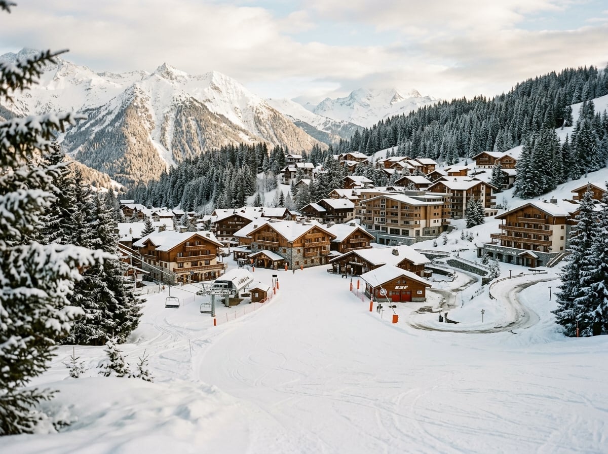 Snowy ski slopes in Courchevel 1650 with pine trees.
