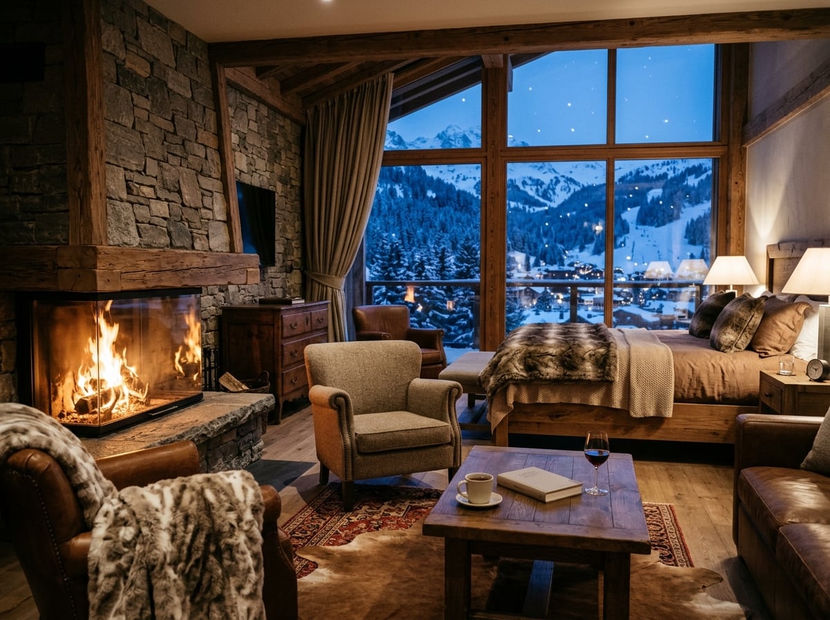 The interior of a high-end suite in a Courchevel 1850 hotel, with a fireplace and elegant furnishings.