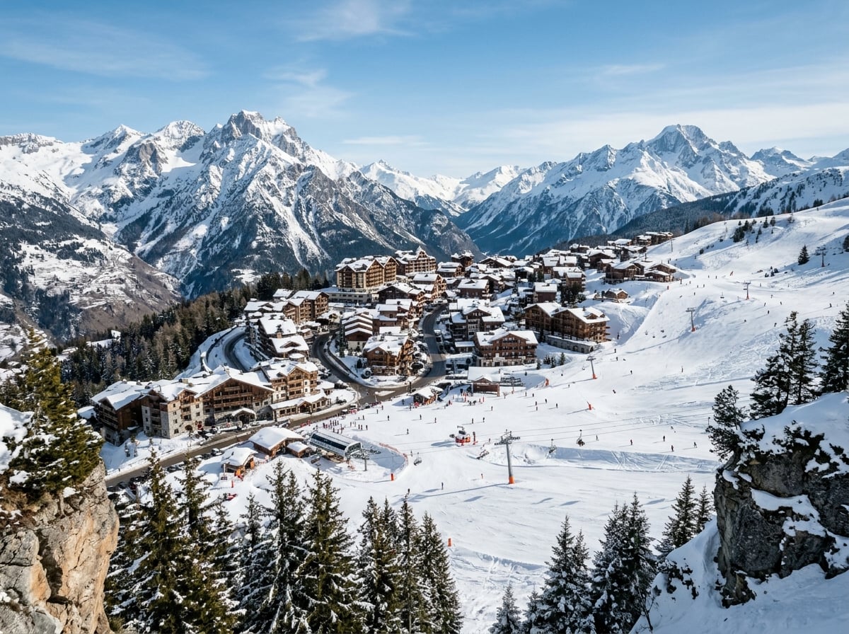 A panoramic view of Courchevel 1850 village, high in the French Alps, with ski slopes winding through it.