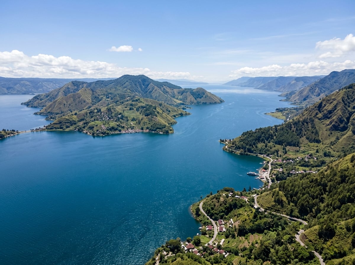 An aerial view of Lake Toba showing Samosir Island and the mainland.