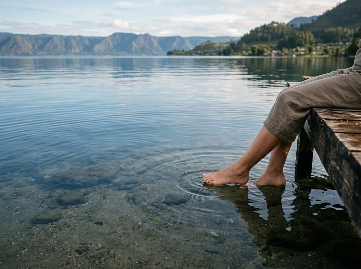 A person sitting by Lake Toba, dipping their feet in the water.